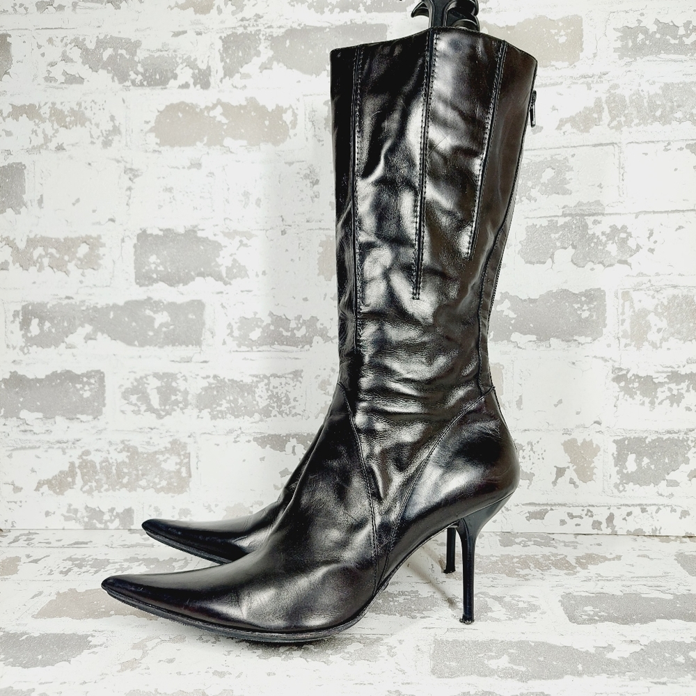 Aldo Black Leather Slip-On Pointed Toe Y2K Heeled Tall Bootie C748